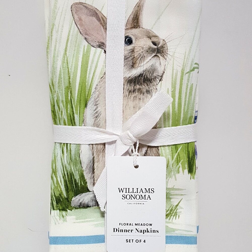 NEW RARE Williams Sonoma Set of 4 Floral Meadow Easter Bunny Napkins 20" Square